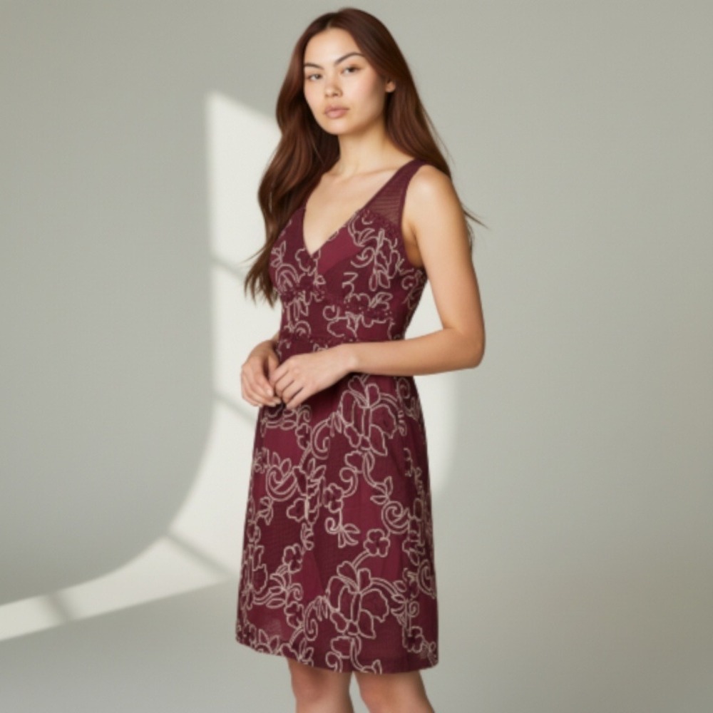 Moulinette Soeurs Anthropologie Wine Audrianne Lace Column Dress Petite 10P‎ NWT